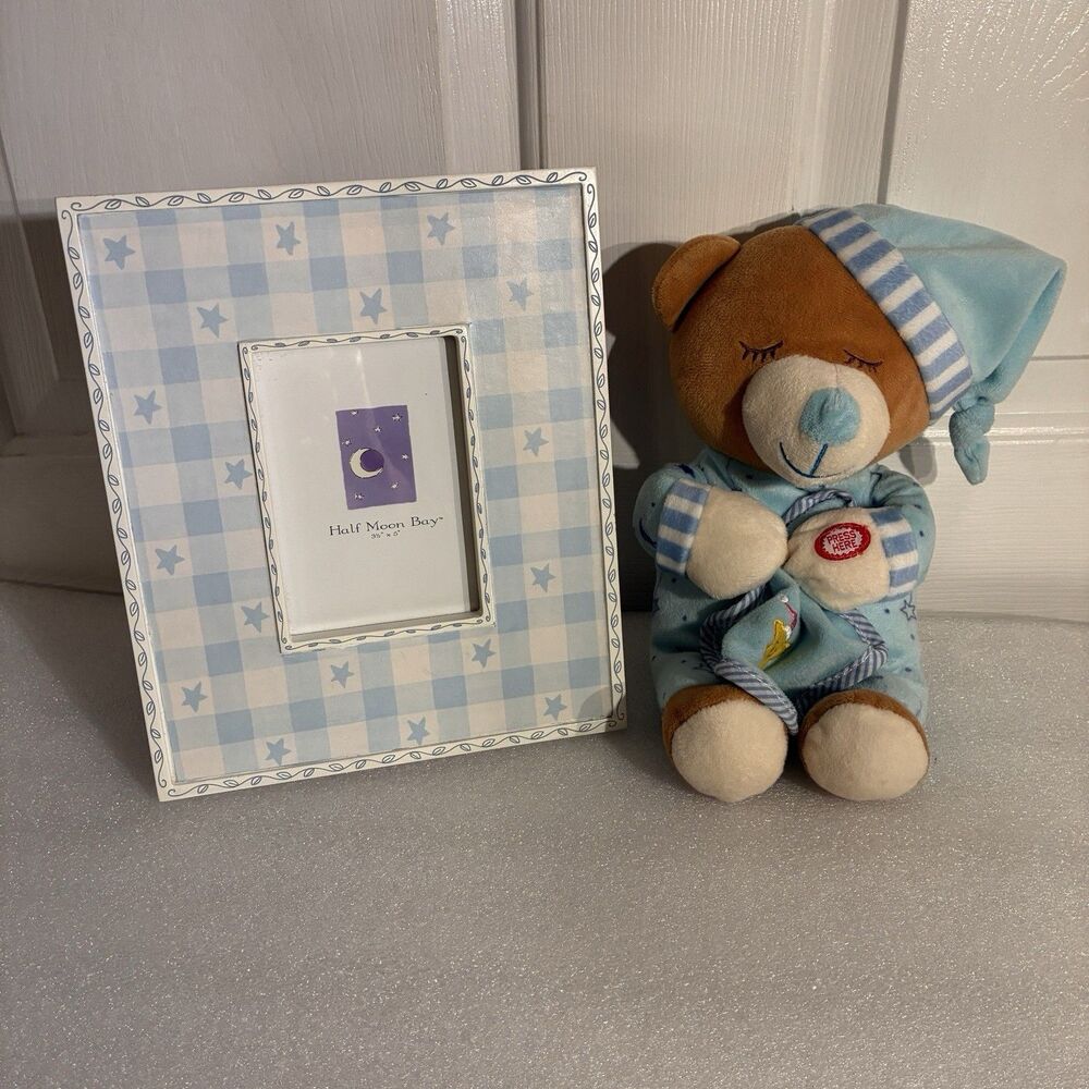 2 Piece Baby Boy Checkered Picture Frame W/ Sleepy Time Teddy Bear In Blue.